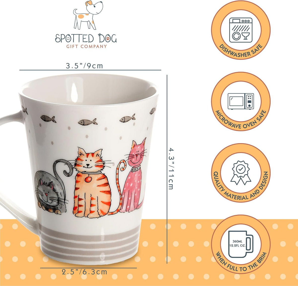 SPOTTED DOG GIFT COMPANY Cat Mugs, 12.2 oz Coffee Mug Set of 4, Happy Cats Themed Ceramic Tea Cups, Microwave & Dishwasher Safe, Cute Cat Gifts for Women and Animal Lovers