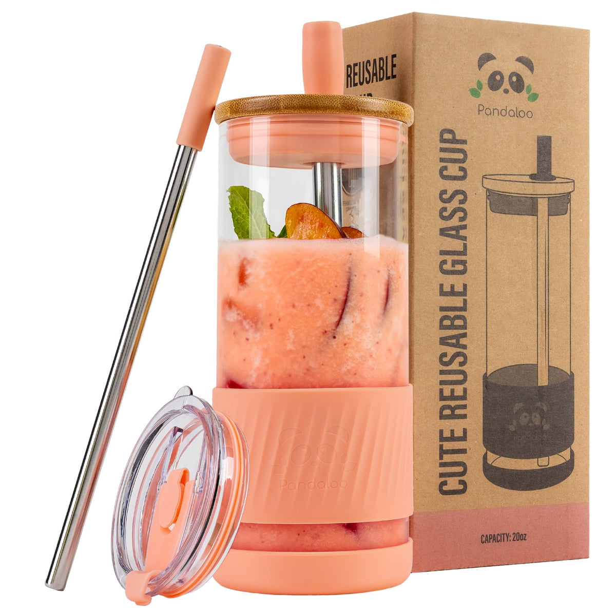 Pandaloo® Glass Cups With Lids and Straws -20 Fl Oz- Perfect Size Iced Coffee Cup - Smoothie Cup With Bamboo Lid and On the go Lid (Creamy Mushroom, 1 Count (Pack of 1)