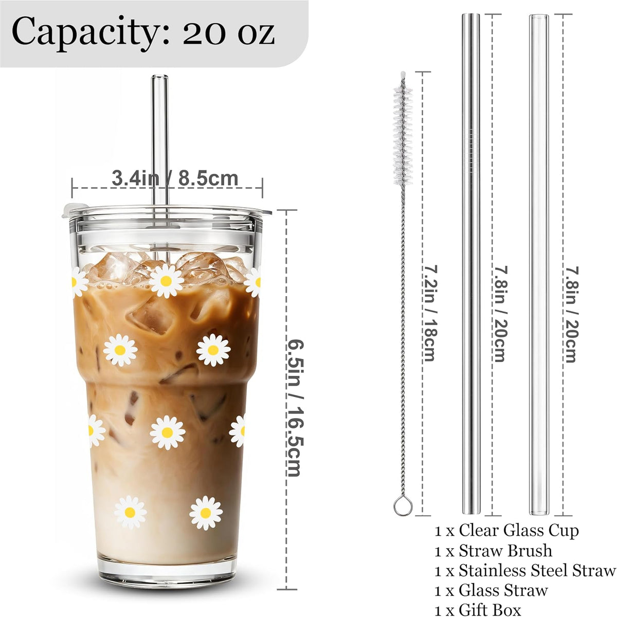 Cute Glass Cups with Lid and Straws, 20oz, Reusable Iced Coffee Cup Tumbler