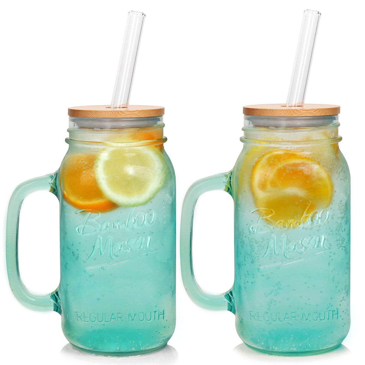 ANOTION Mason Jar with Lid and Straw, 24 oz Regular Mouth Mason Jars with Handle Drinking Glasses Tumbler Reusable Cups Smoothie Water Bottles for Iced Coffee Classic