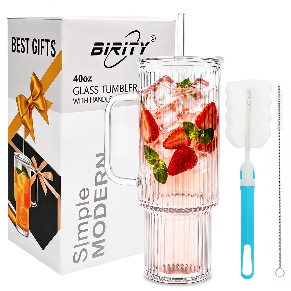 Birity 24oz Glass Tumbler with/Lid & Straw, Handle 2‑Pack Iced Coffee Cups