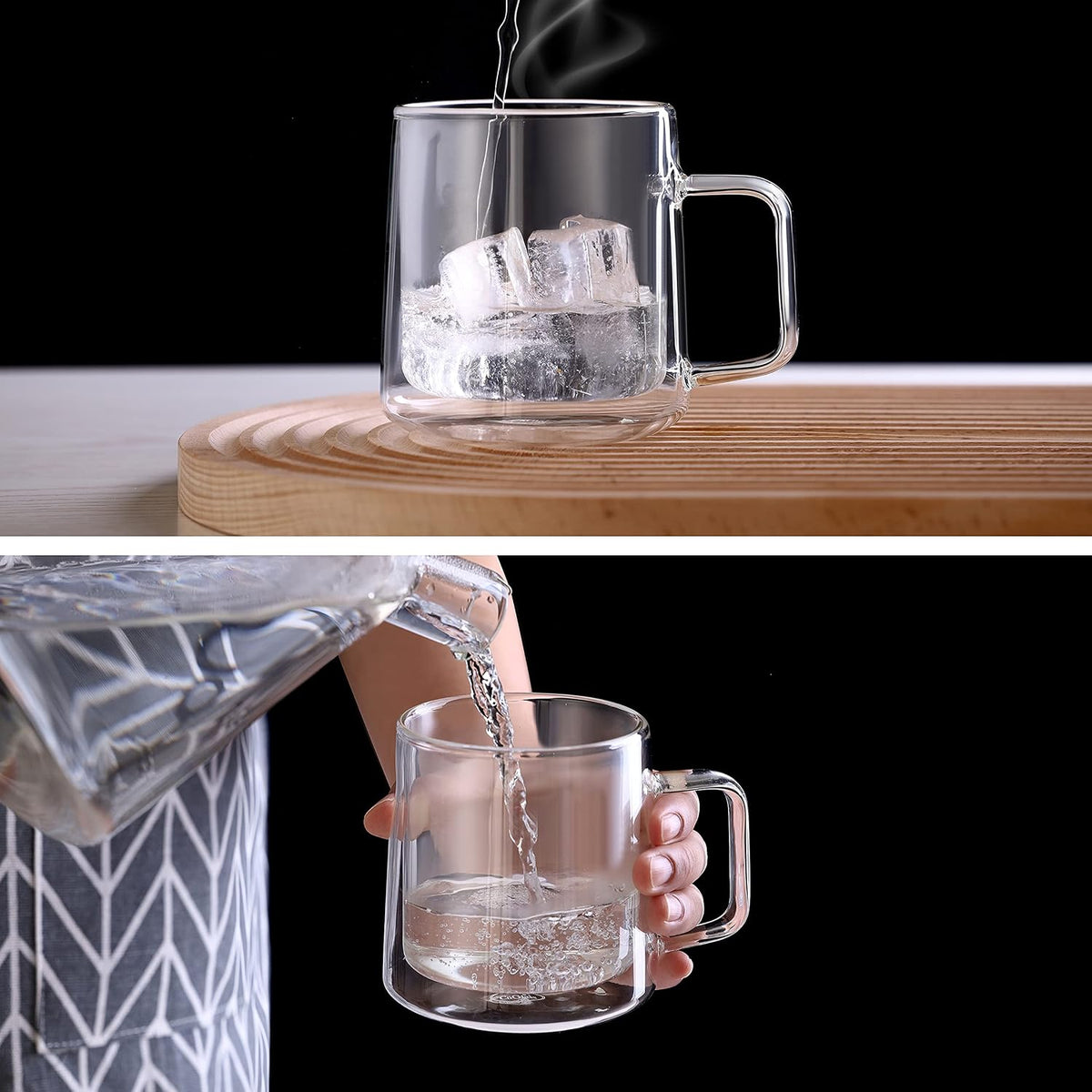 CNGLASS 10oz Glass Coffee Mugs,Double Wall Insulated Glass Mugs with Handle,Clear Espresso Mug for Latte,Cappuccino,Tea Bag,Set of 2
