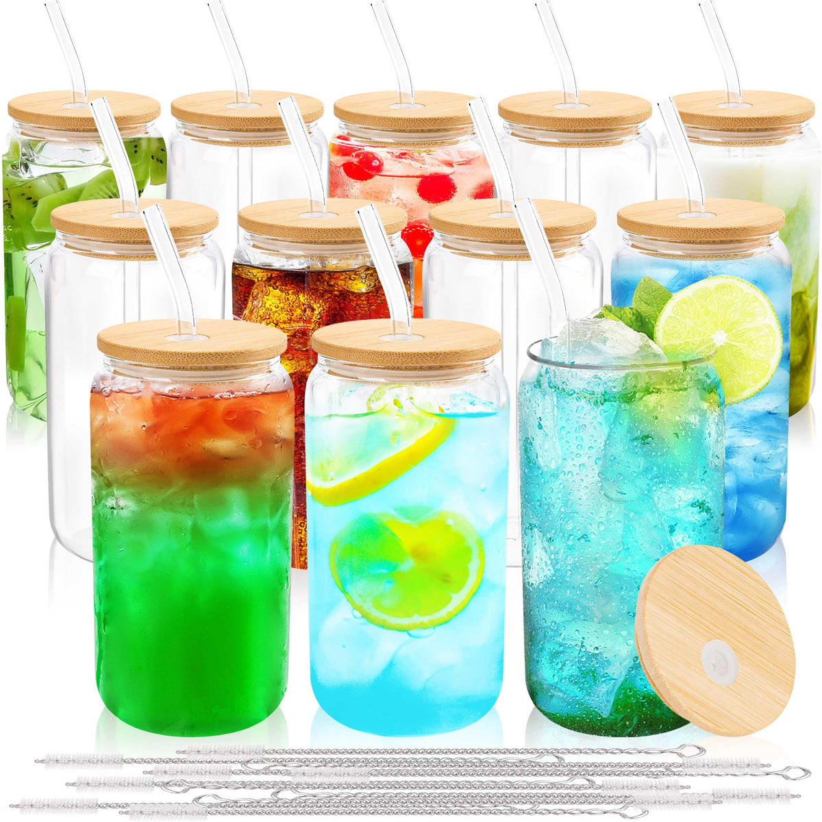 Joyclub 8pcs 16Oz Glass Cups with Bamboo Lids and Straws Drinking Glasses