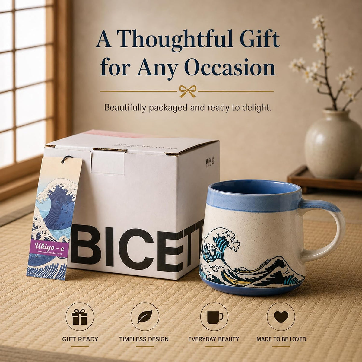 BICETTO Japanese Coffee Mug, Ukiyo-e Great Wave, Handmade 15oz Ceramic Cup