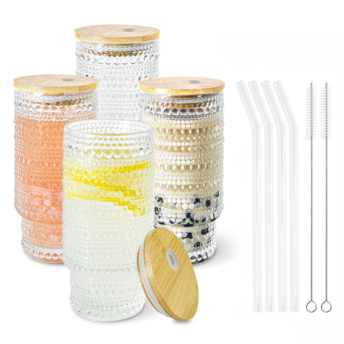 Hobnail Glass Cups with Lids and Straws 16 oz Drinking Glasses