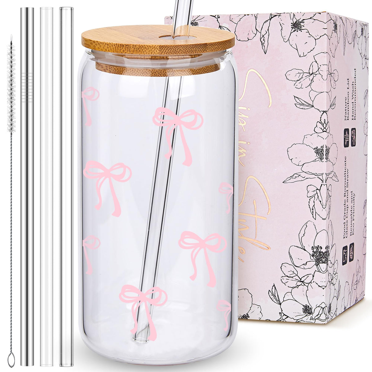 Coquette Cute Pink Bow Glass Cups with Lids and Straws, Aesthetic Iced Coffee Matcha Cup, Girly Preppy Design Tumbler Mug, Valentines Christmas Birthday Gifts for Women, Teen Girl Gifts Trendy Stuff