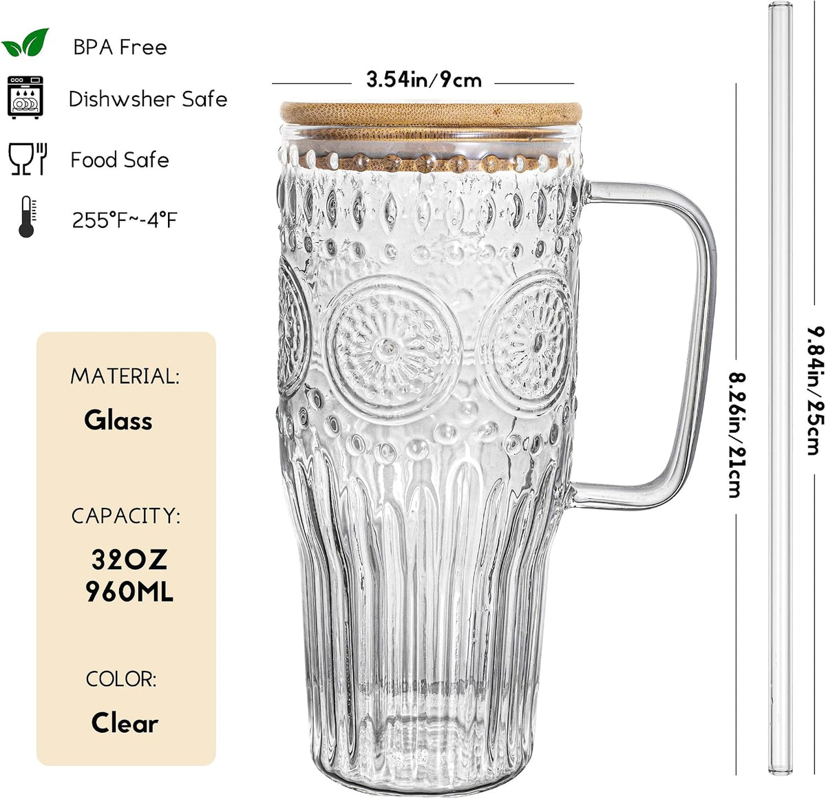 Bandesun 32oz Vintage Glass Cup with Handle with Bamboo Lids and Straws - Borosilicate Glass Tumbler for Hot and Cold drinks