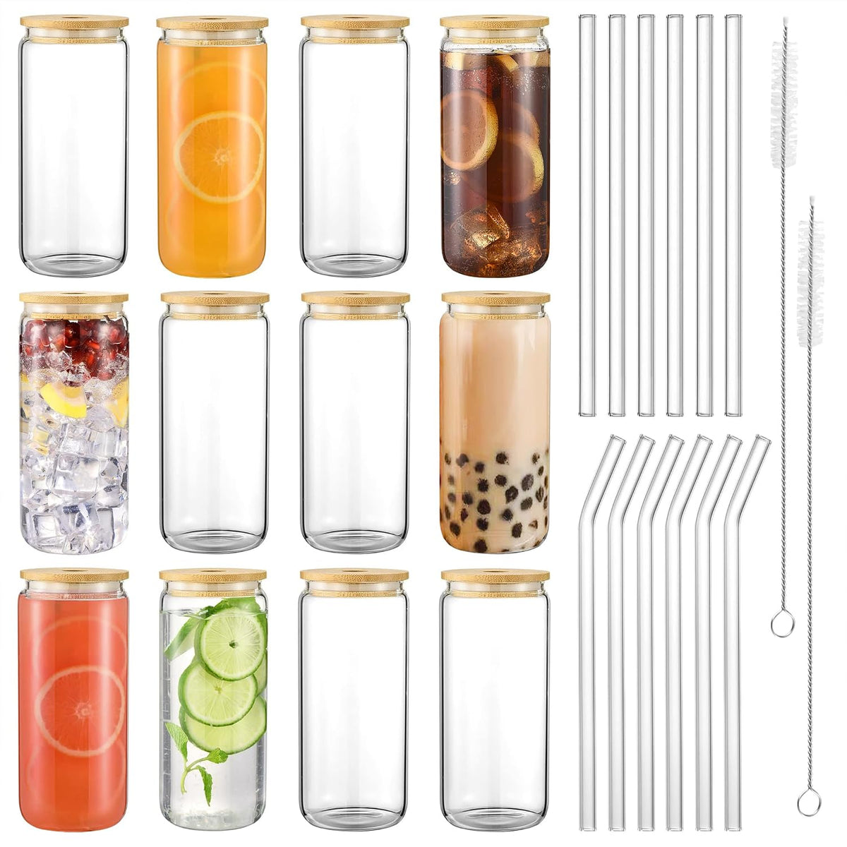 12PCS 20oz Glass Cups with Lids and Straws, 2 Cleaning Brushe