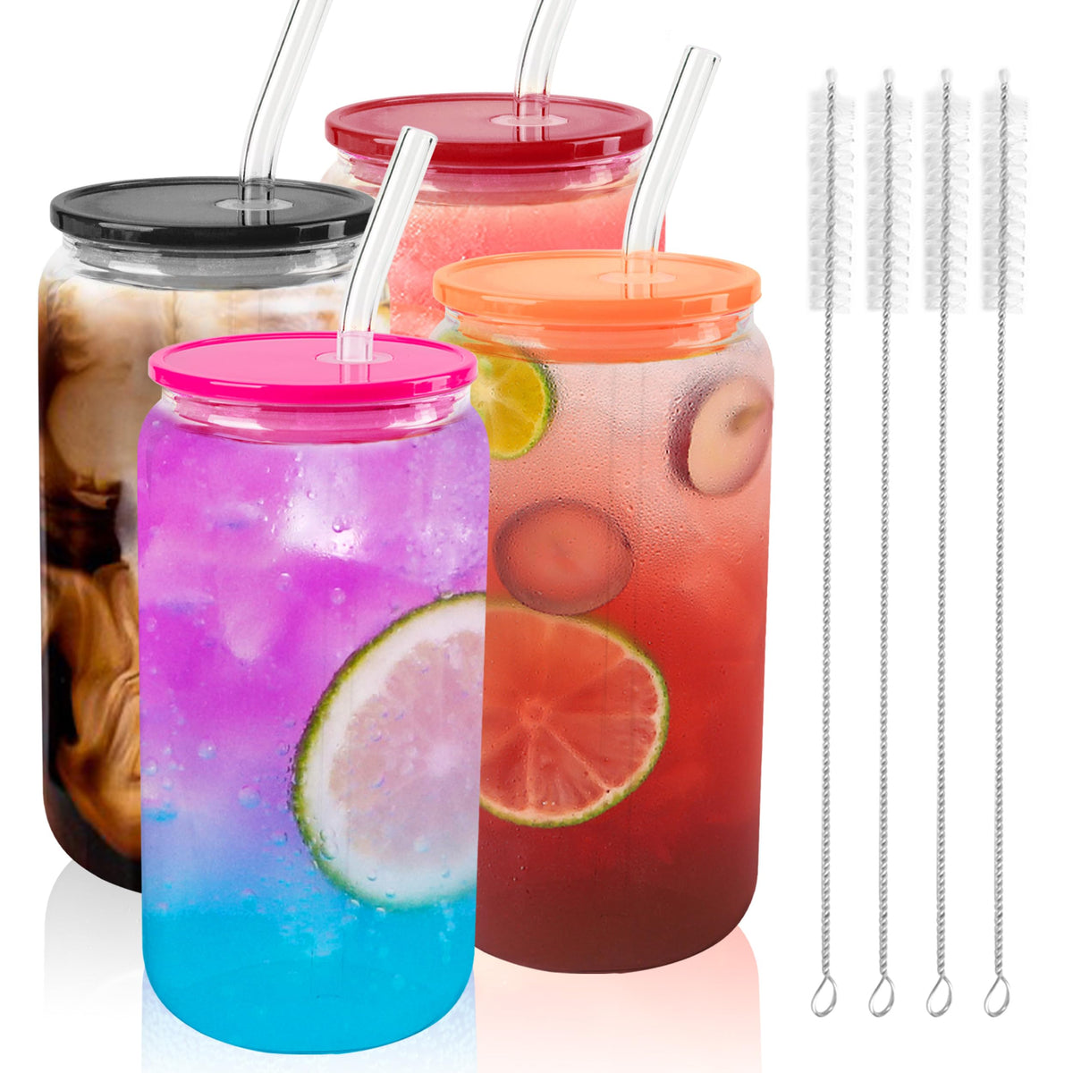 Joyclub 8pcs 16Oz Glass Cups with Acryic Lids and Straws Drinking Glasses