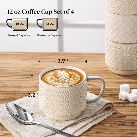 DOWAN 12oz Coffee Mugs Set of 4, Ceramic Coffee Mugs, Stackable Cappuccino Cups, Microwave Safe and Large Handle, Office and Home Use