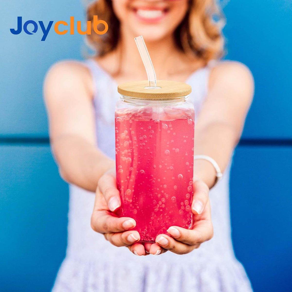 Joyclub 8pcs 16Oz Glass Cups with Bamboo Lids and Straws Drinking Glasses