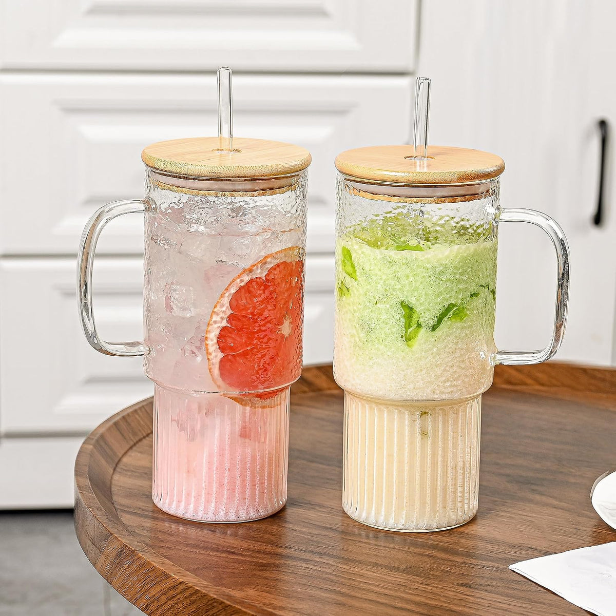 32oz Ribbed Borosilicate Glass Tumbler with Handle, Bamboo Lid and Straw (clear-1 Pack-Bamboo Lid)