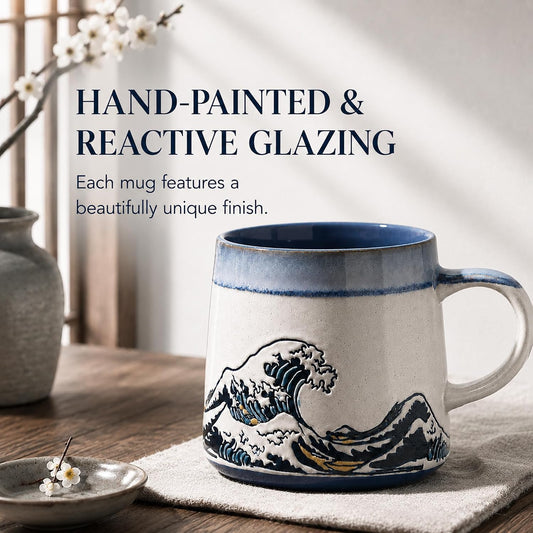 BICETTO Japanese Coffee Mug, Ukiyo-e Great Wave, Handmade 15oz Ceramic Cup