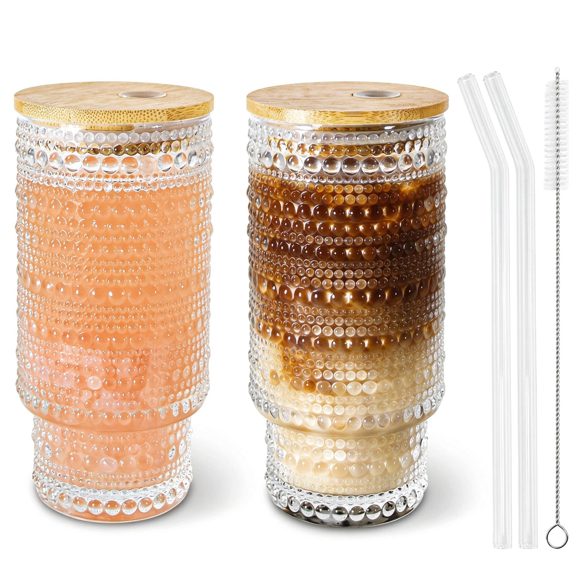 Hobnail Glass Cups with Lids and Straws 16 oz Drinking Glasses