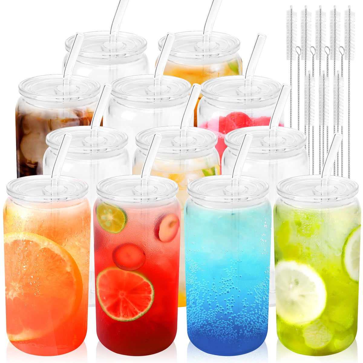 Joyclub 8pcs 16Oz Glass Cups with Acryic Lids and Straws Drinking Glasses