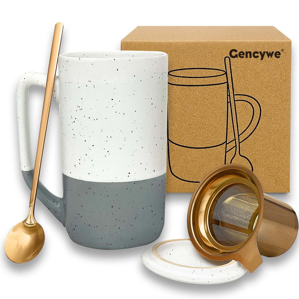 Gencywe Ceramics Large Tea Cup with Loose Leaf Infuser, Spoon and Lid, 16 oz Tall Coffee Mug, Microwave and Dishwasher Safe, Rustic Matte Ceramic Glaze, Tea Strainer, Amber