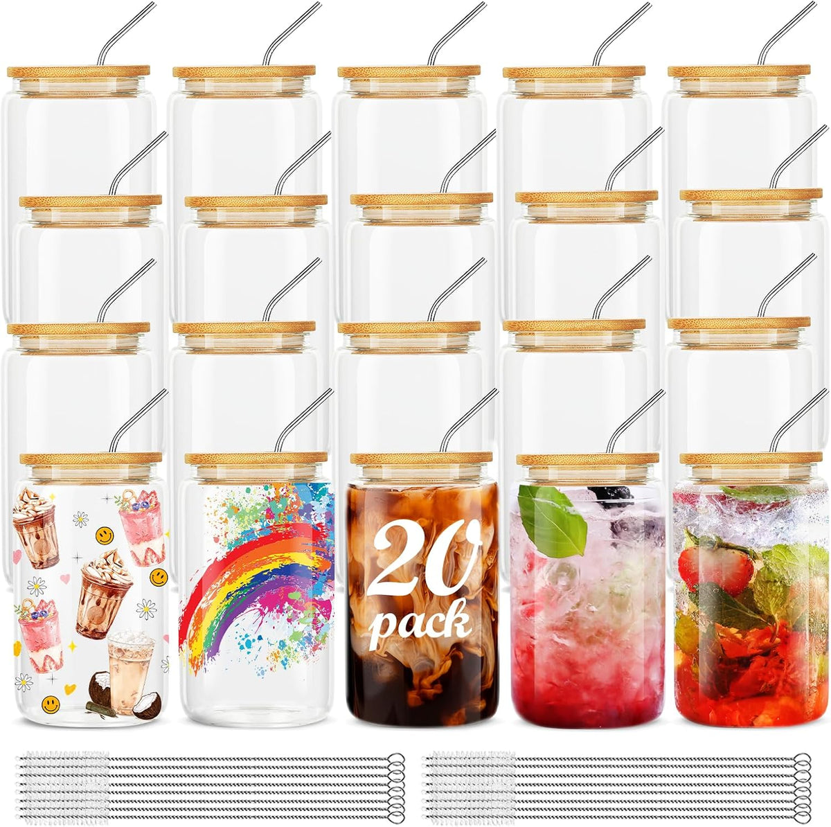 ASKIZ 20Pcs Glass Cups With Bamboo Lids and Straws,16Oz Ice Coffee Cup,Drinking Glasses Cups Set,Water Bottles Glasses for Juicing,Beer,Coffee,Soda,Tea-Glass Tumbler Reusable for Gifts