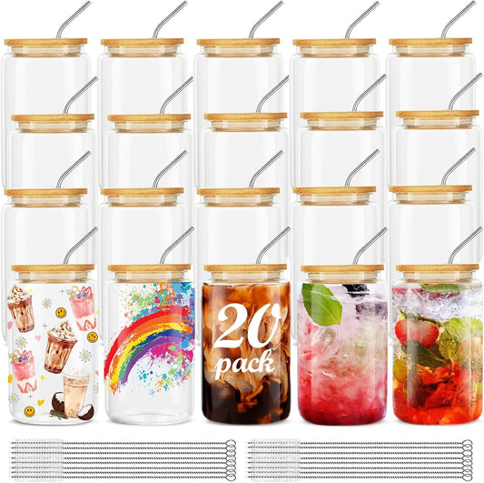 ASKIZ 20Pcs Glass Cups With Bamboo Lids and Straws,16Oz Ice Coffee Cup,Drinking Glasses Cups Set,Water Bottles Glasses for Juicing,Beer,Coffee,Soda,Tea-Glass Tumbler Reusable for Gifts