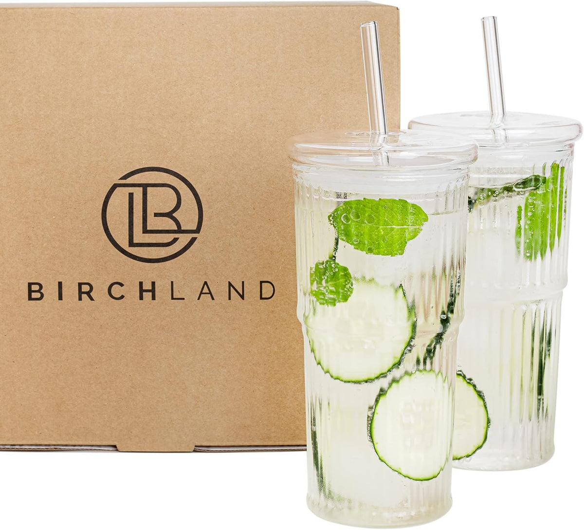 Birchland All Glass Iced Coffee Cup with Lid and Straw, Ribbed Glass Tumbler Set of 2 (22 oz ribbed)