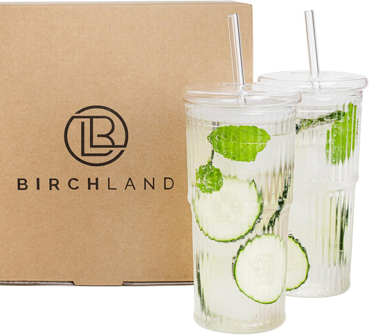 Birchland All Glass Iced Coffee Cup with Lid and Straw, Ribbed Glass Tumbler Set of 2 (22 oz ribbed)