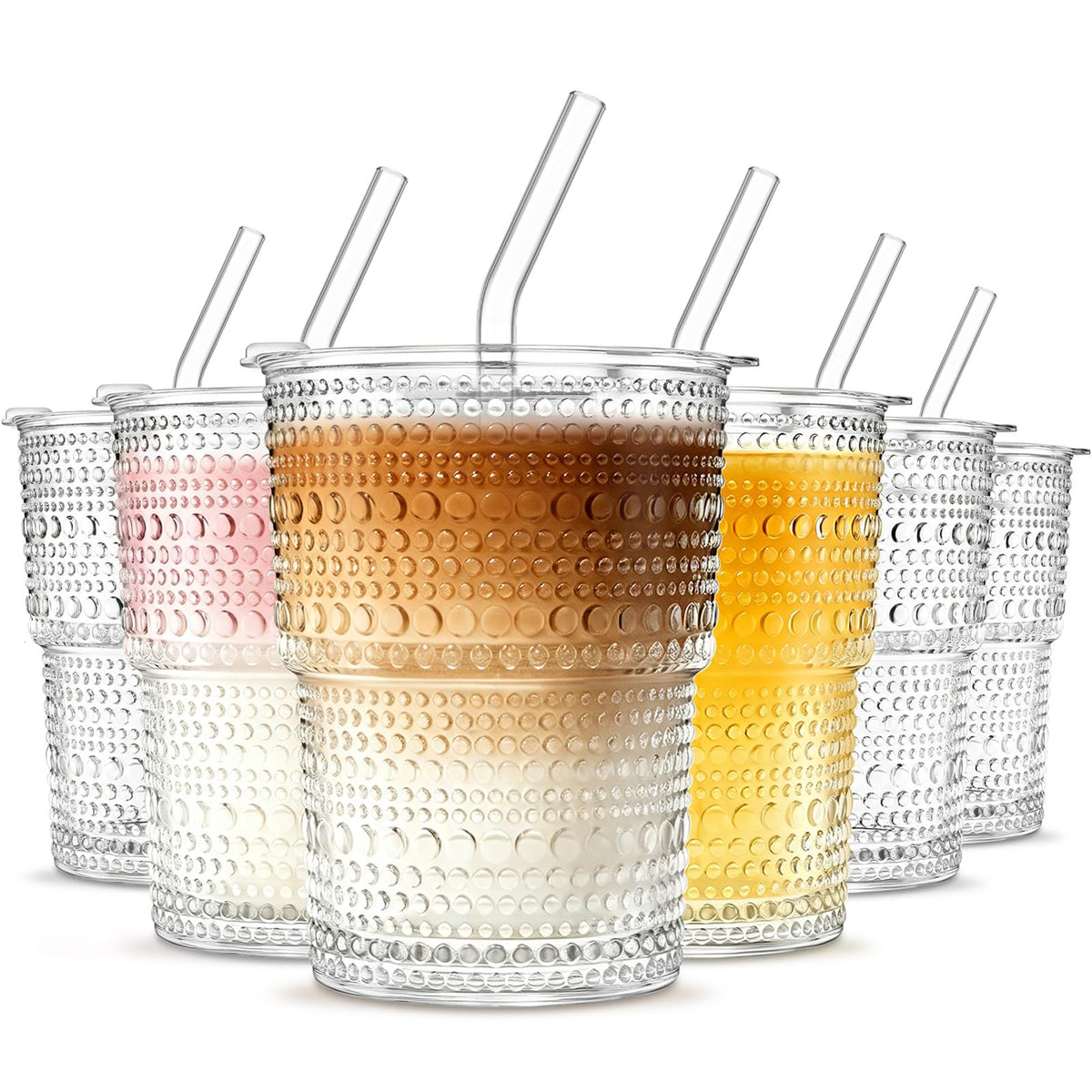 INSETLAN 20 oz Hobnail Glass Cups with Lids and Glass Straws – 4 Pieces, Thick-Walled Glass Tumblers for Iced Coffee, Smoothies, Milk, Water, Juice, and More – Elegant and Durable Drinking Glasses