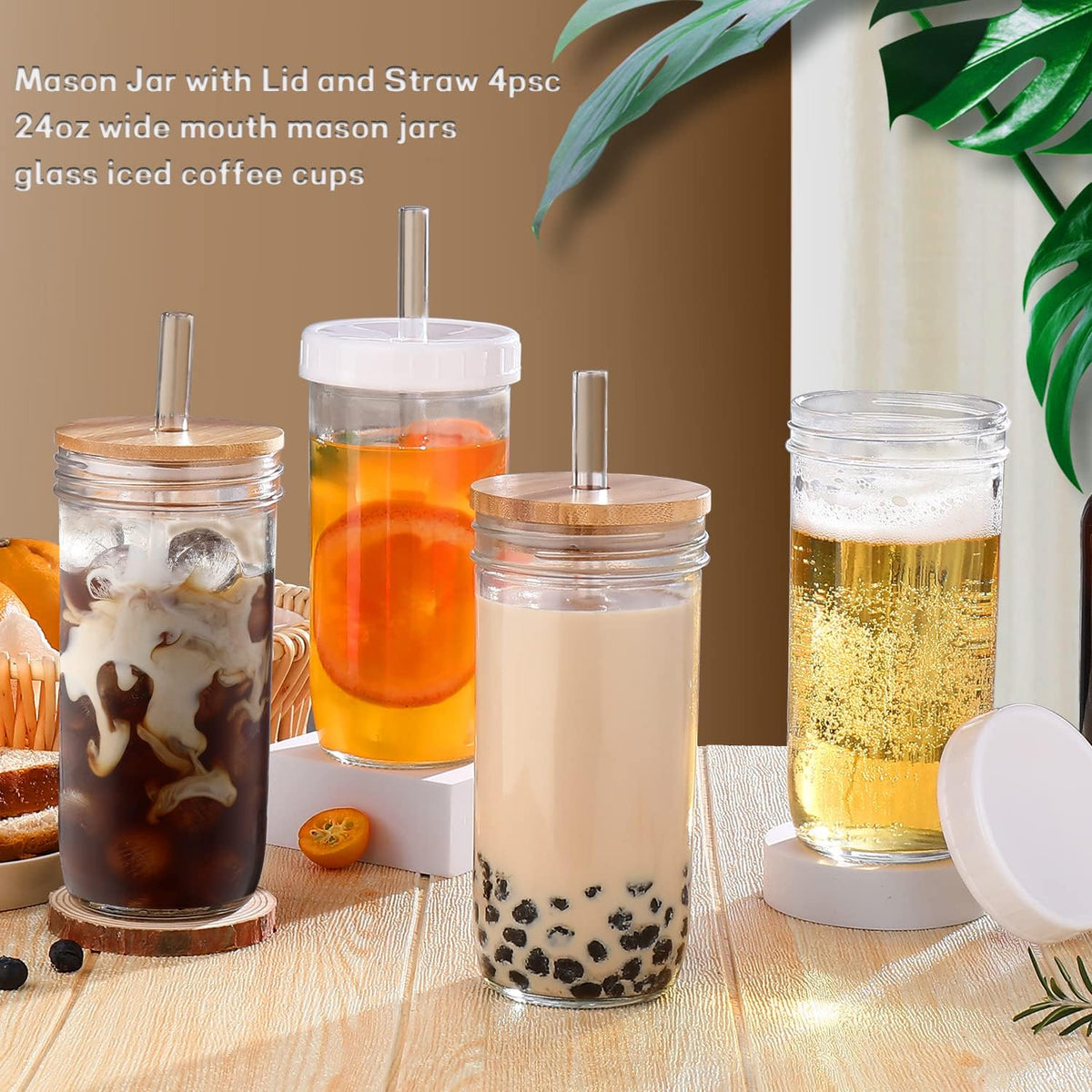 Iced Coffee Cups with Lids,Glass Cups with Lids and Straws,4 Coffee Tumbler