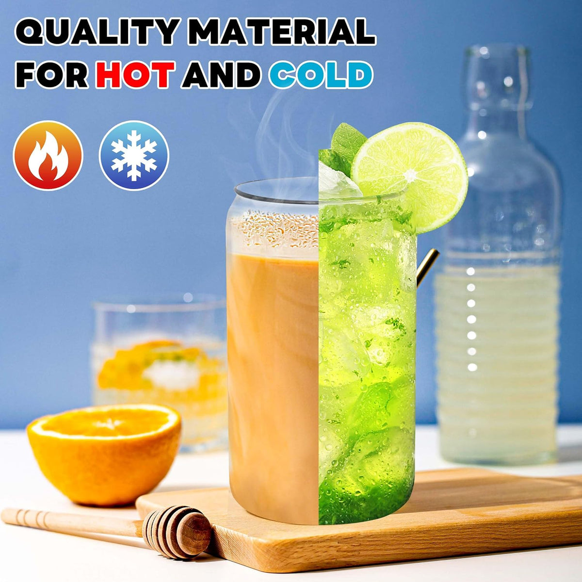 Joyclub 8pcs 16Oz Glass Cups with Bamboo Lids and Straws Drinking Glasses