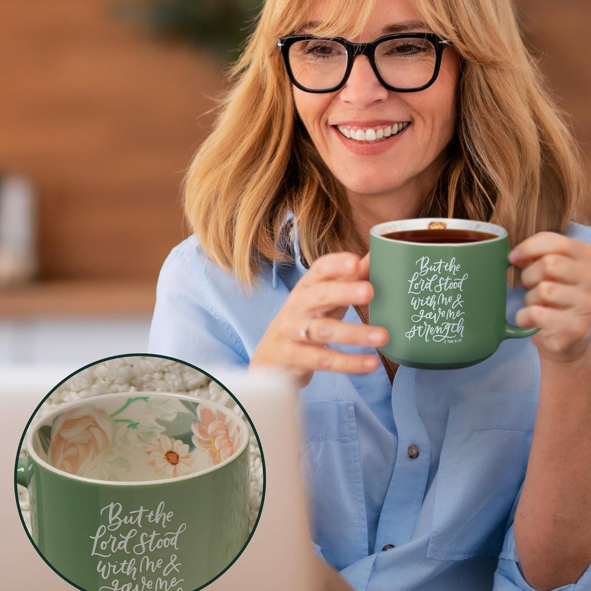 Christian Art Gifts Inspiring Ceramic Coffee Mug for Women: Lord Stood with Me Bible Verse, Microwave & Dishwasher Safe Novelty Cup, Sturdy Handle, Encouraging Gift for Women, Green Floral, 14 oz.