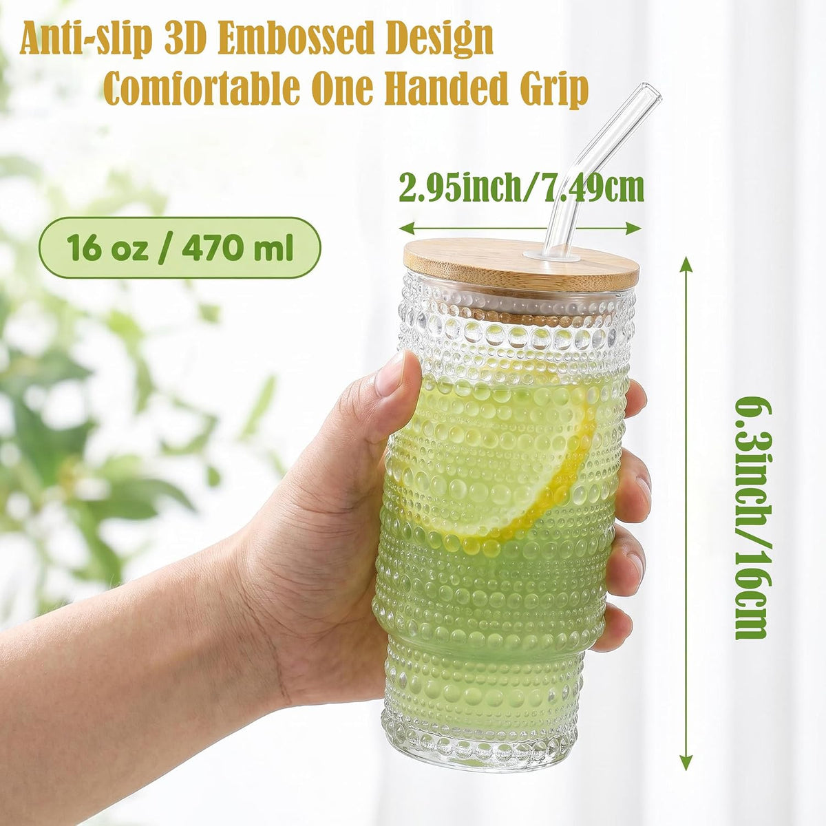 Hobnail Glass Cups with Lids and Straws 16 oz Drinking Glasses