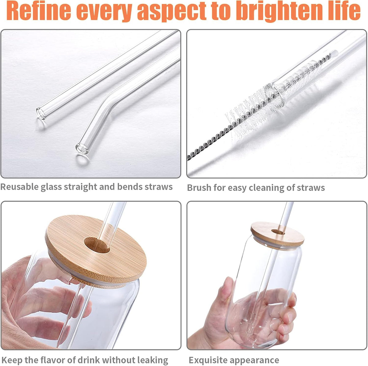 12PCS 20oz Glass Cups with Lids and Straws, 2 Cleaning Brushe