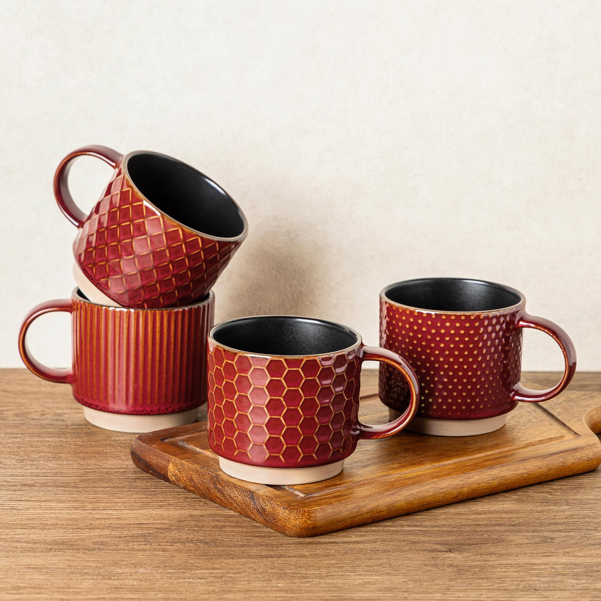 GBhome 15 OZ Stackable Coffee Mugs Set of 4, Ceramic Coffee Cups Set