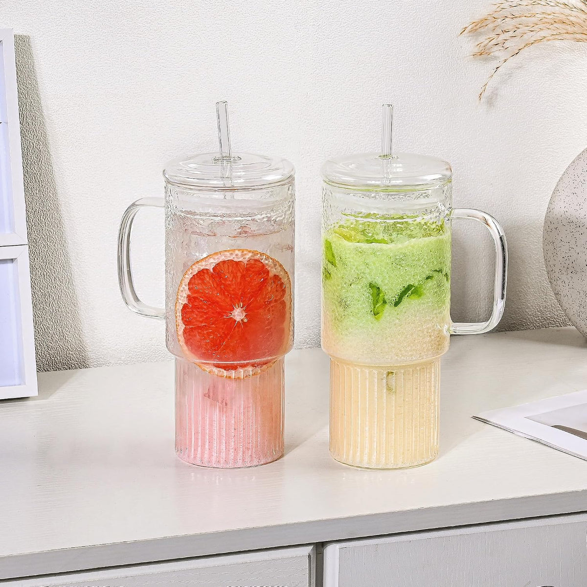 32oz Glass Cups with Handle Lids and Straws, Borosilicate Glass Tumblers for Iced Coffee, Smoothies, Fruit Drinks. Reuseable Glasses Cups for Cold/Hot Water (glass lid 1 pack)