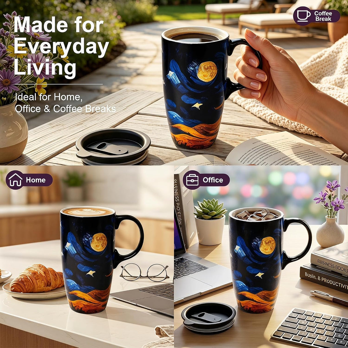 Topadorn 17oz Ceramic Travel Mug with Lid, Starry Night Inspired Coffee Mug