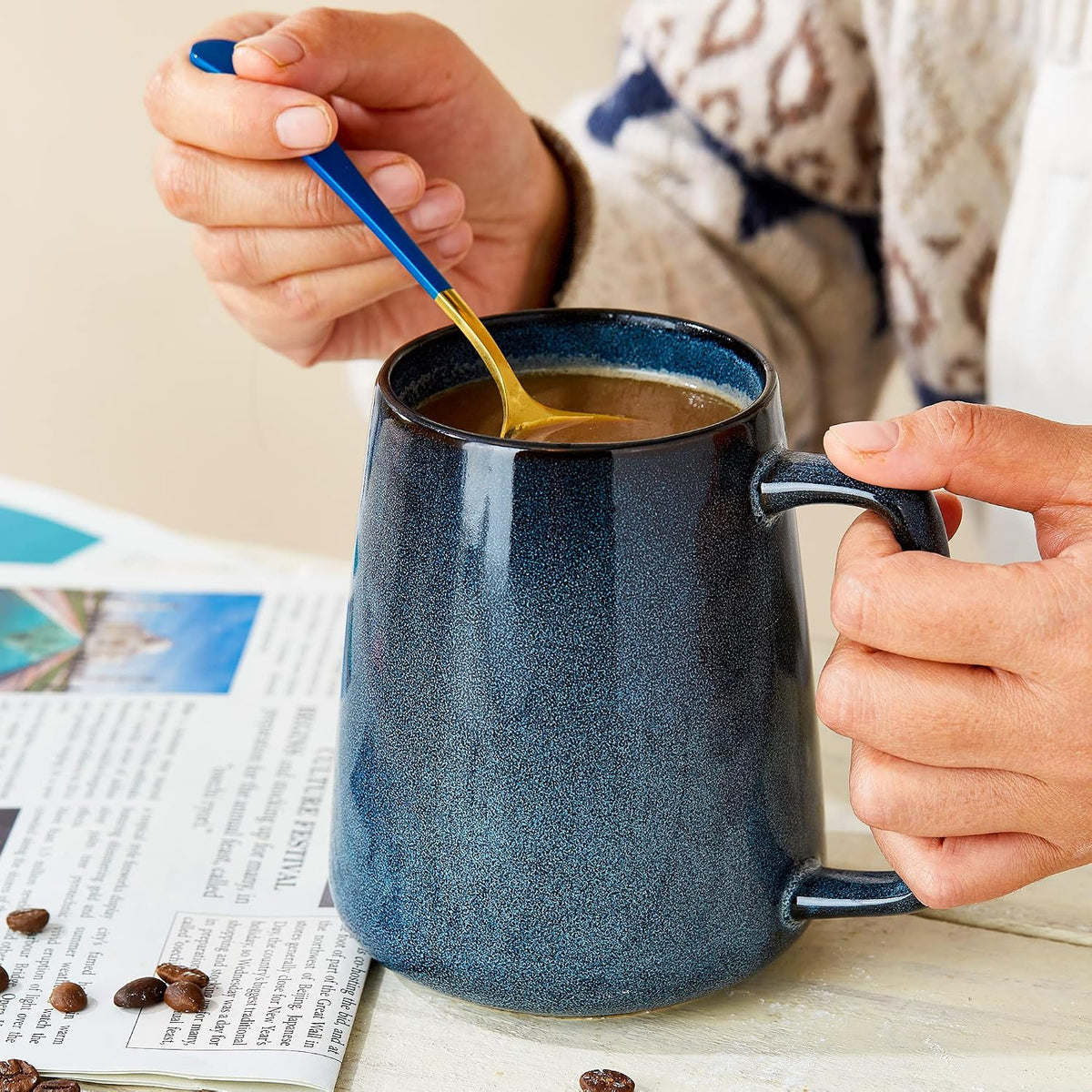 24 oz Large Ceramic Coffee mugs, Extra Large Cup, Big Handle (24 oz blue)