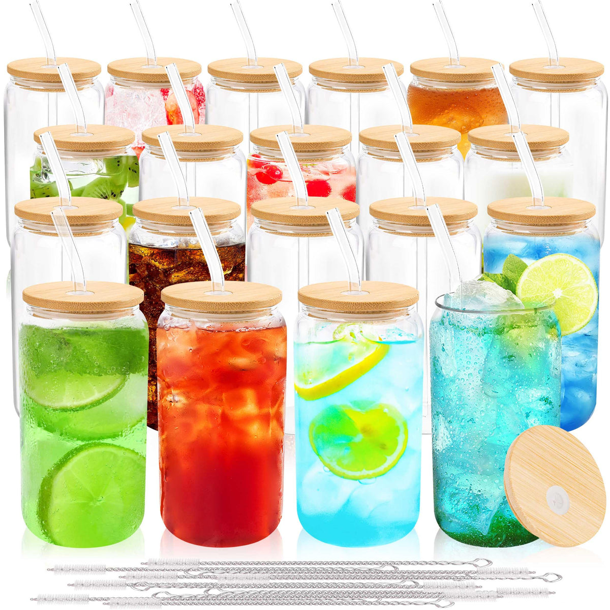 Joyclub 8pcs 16Oz Glass Cups with Bamboo Lids and Straws Drinking Glasses