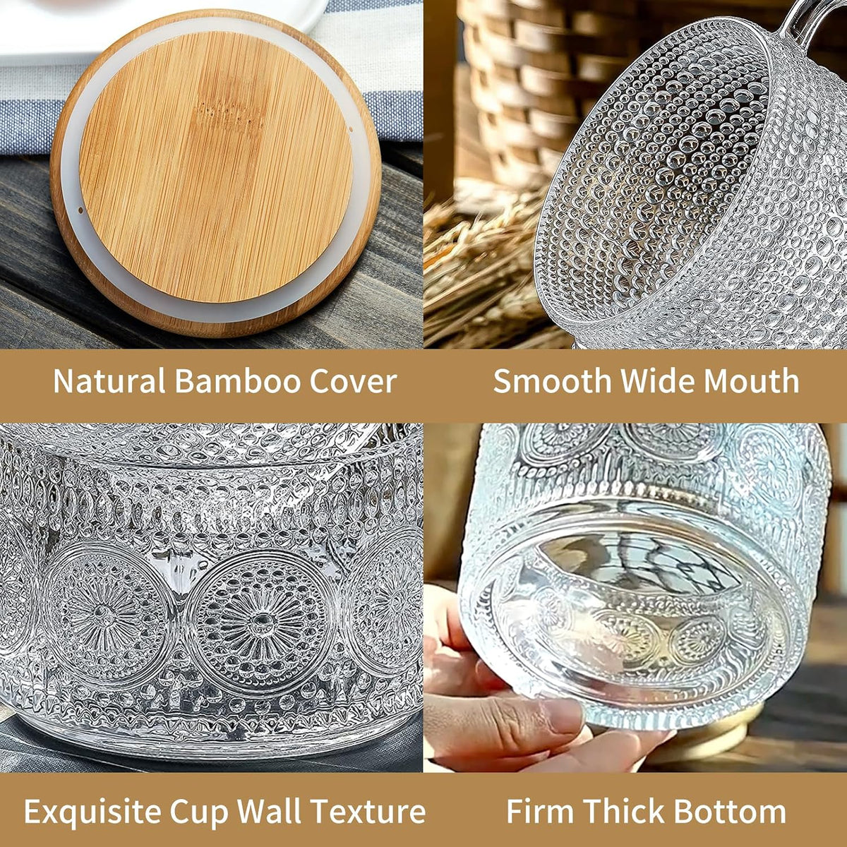 DOPUDO Vintage Glass Coffee Mugs, Overnight Oats Containers With Lids,Glass Cup With Sealed Lid and Spoon,Glass Coffee Mugs, Coffee Bar Accessories, Ideal for Cappuccino, Latte(2-Pack,14oz)