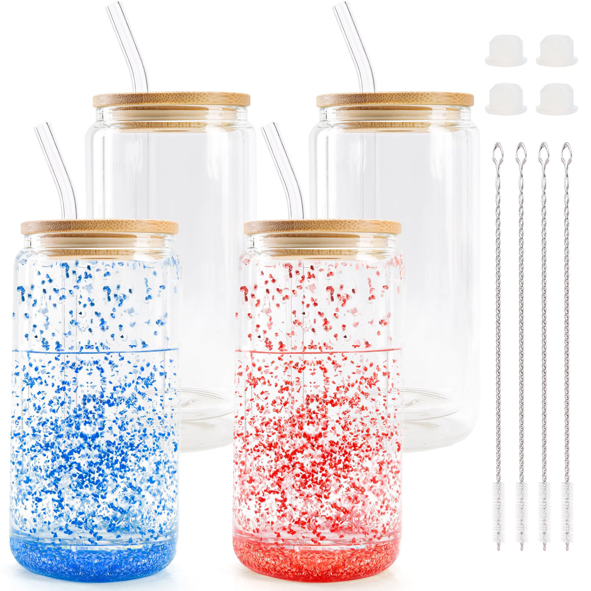 Joyclub 8pcs 16Oz Glass Cups with Acryic Lids and Straws Drinking Glasses