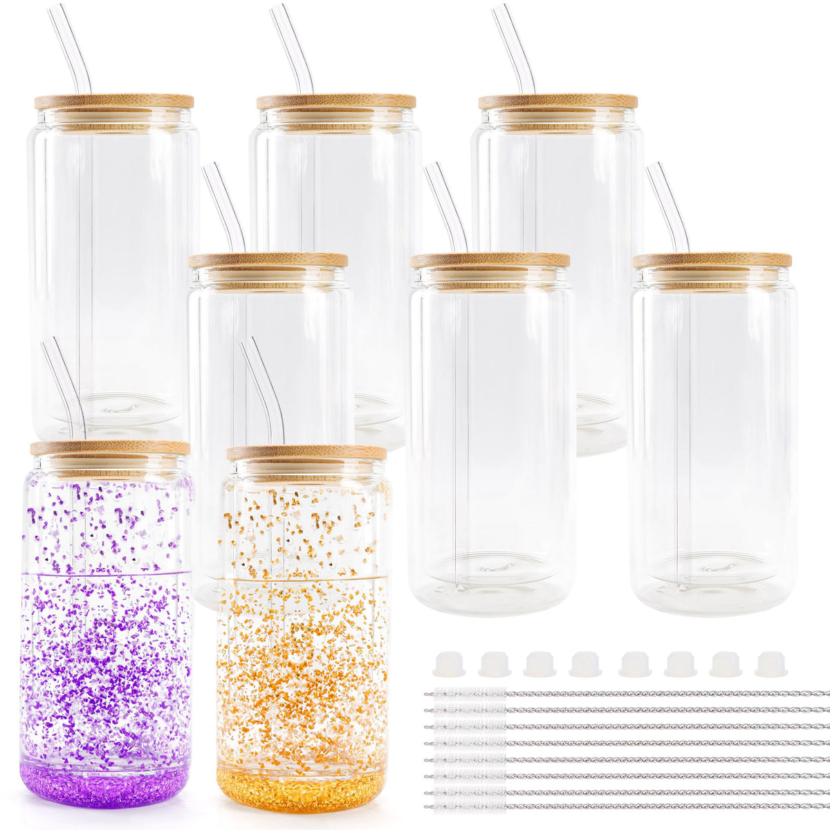 Joyclub 8pcs 16Oz Glass Cups with Acryic Lids and Straws Drinking Glasses