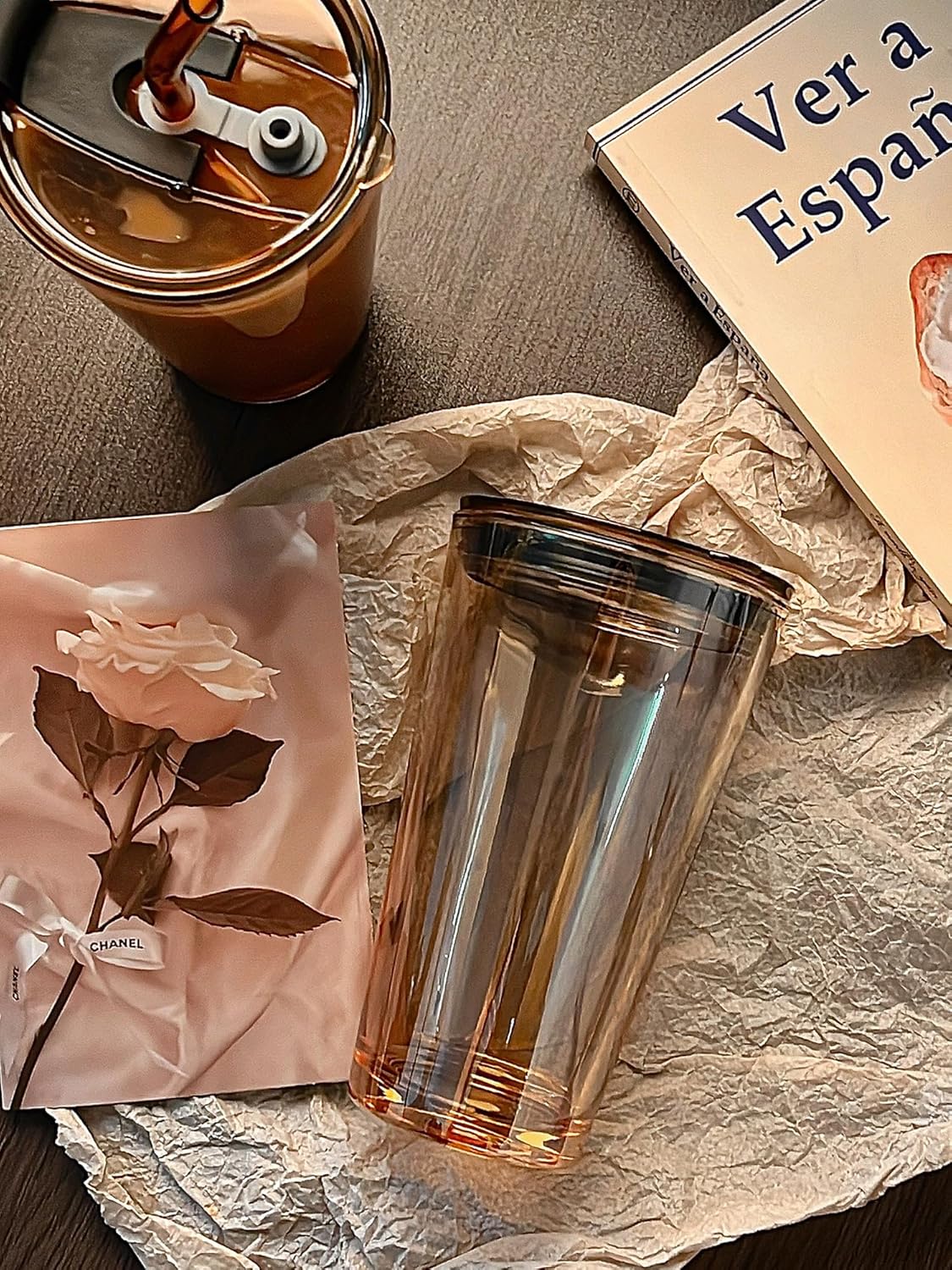 Olvini 15oz Glass Tumbler with Straw and Lid, Cute Iced Coffee Cups, Aesthetic Glass Cups, Coffee Tumbler, Water Cup, Matcha Cup, Drinking Glasses (Amber)