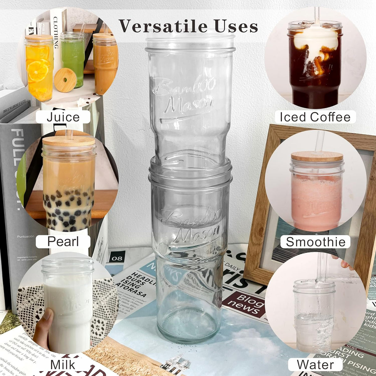 ANOTION Glass Cups With Lids And Straws, Leakproof Tumbler 24oz Mason Jar Coffee Cup, Cap Cup Leak-Proof with Straw, Reusable Iced Coffee Smoothie Matcha Cup Aesthetic Coffee Gifts Women 2pc