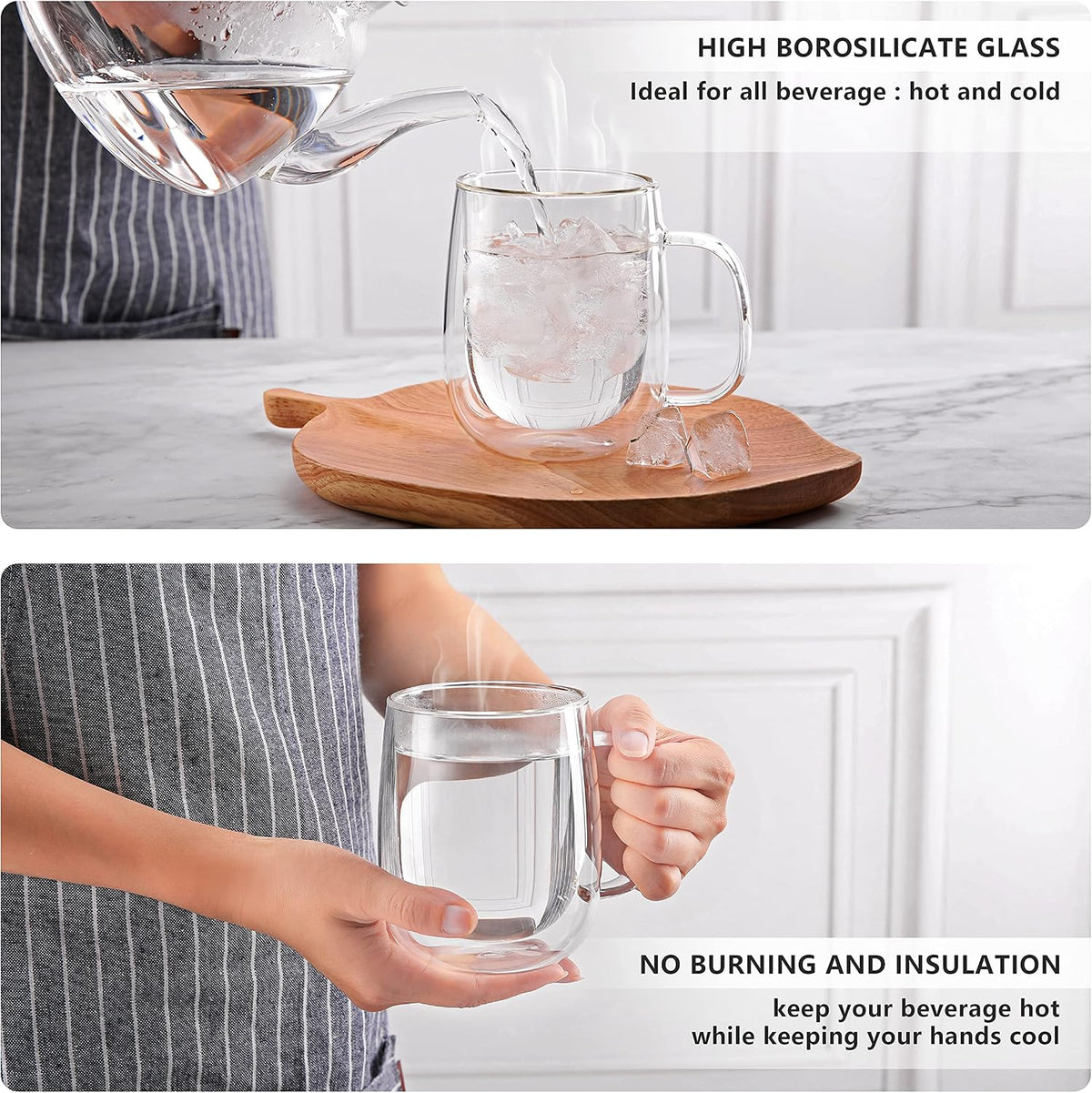 CNGLASS Large Double Wall Glass Coffee Mug 15.2oz,Clear Insulated Glass Espresso Cup with Big Handle,Clear Glass Espresso Mugs for Latte,Cappuccino,Tea Bag,Hot and Cold Beverages,set of 4