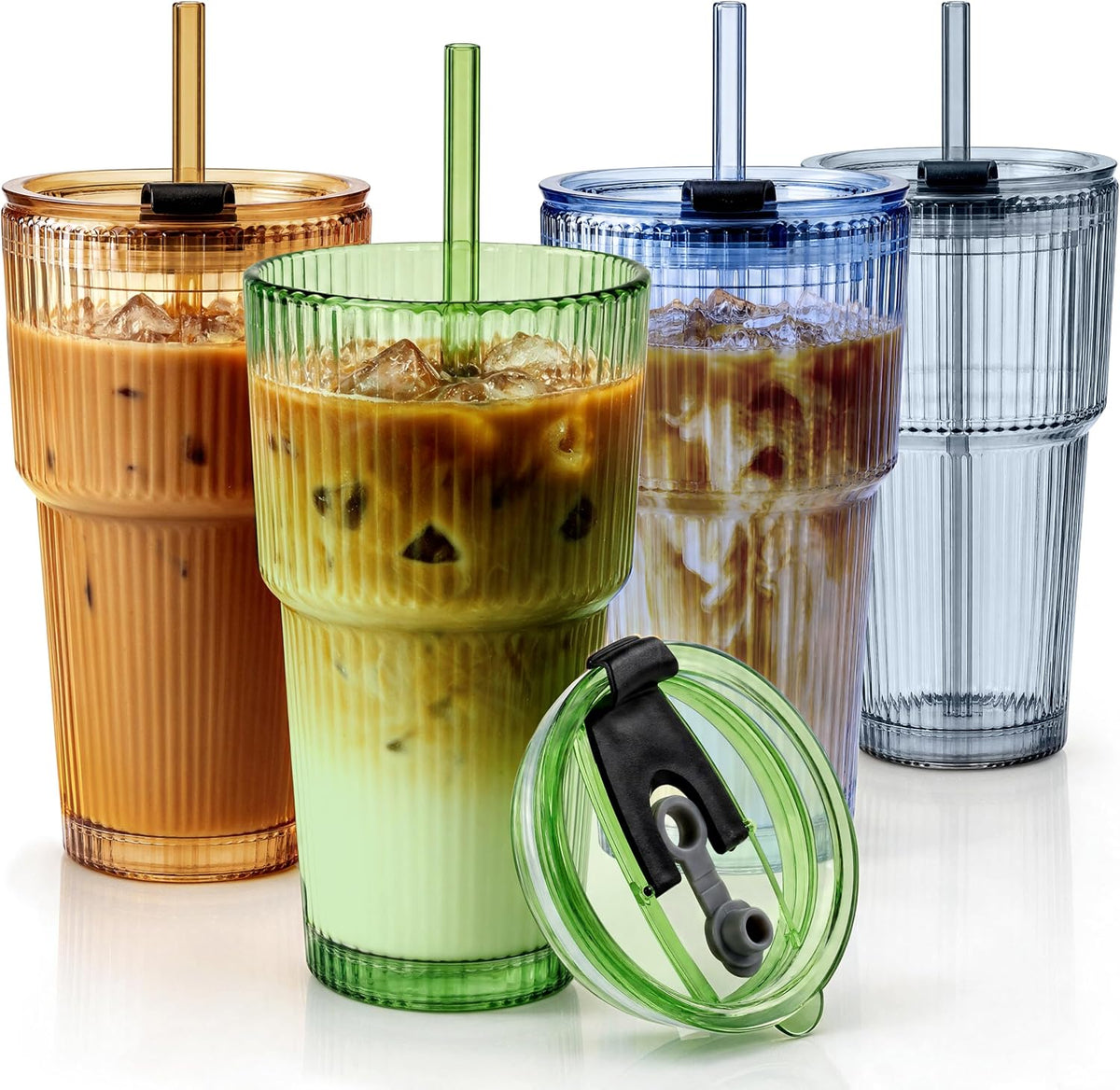 Glass Cups with Lids and Straws, Iced Coffee Glass Tumbler