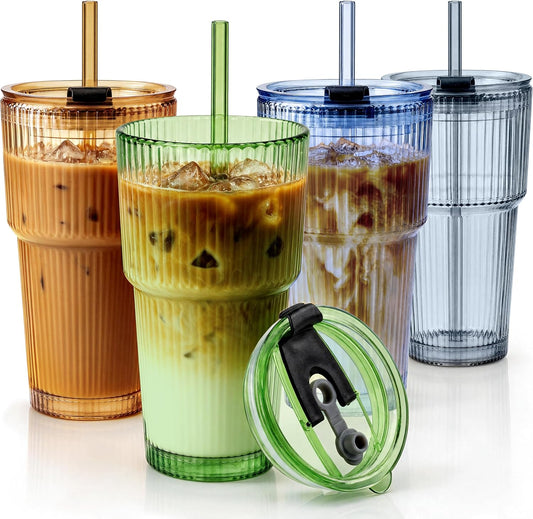 Glass Cups with Lids and Straws, Iced Coffee Glass Tumbler