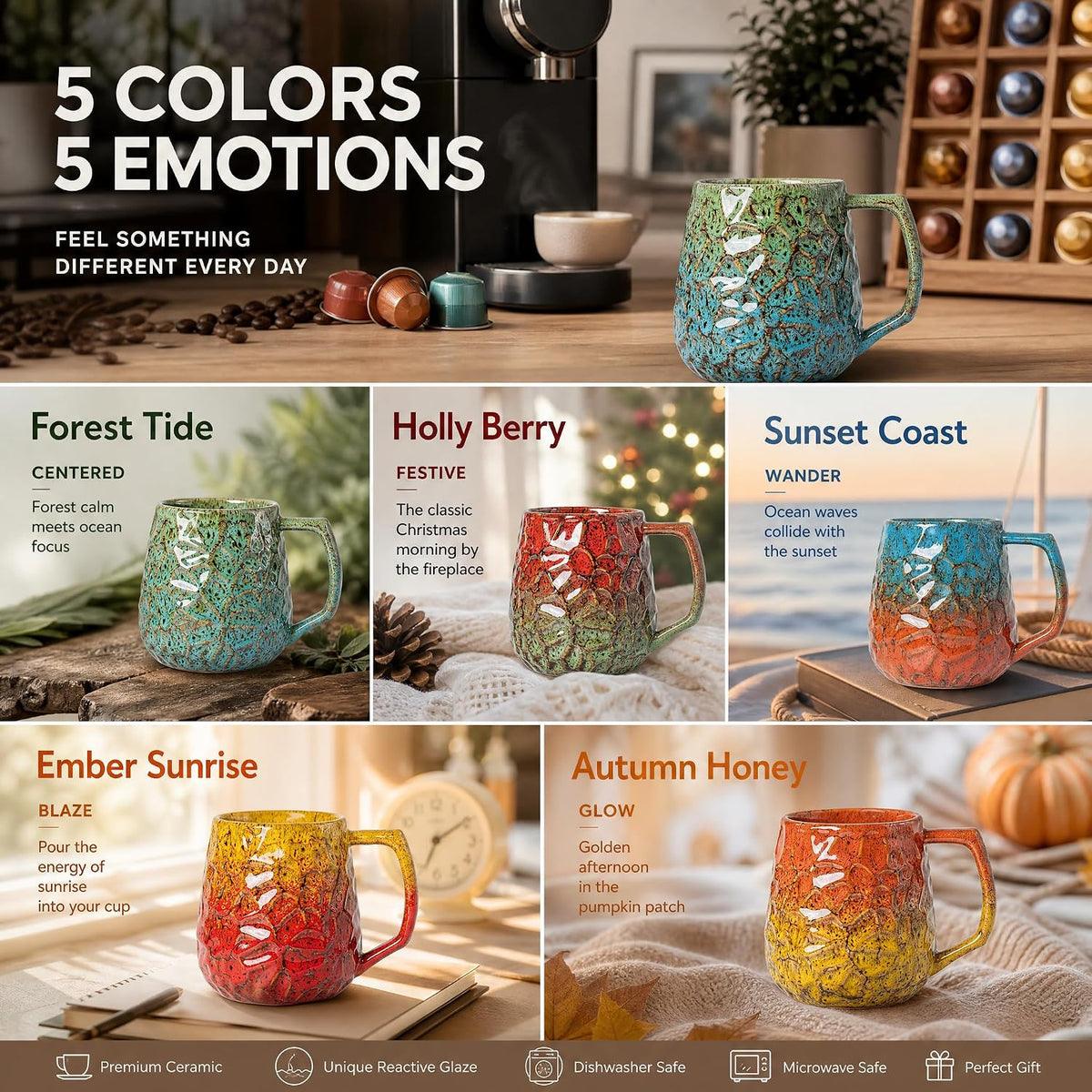 Forest Tide Ceramic Mug, 18oz Reactive Glaze Coffee Mug, Self Care Gift